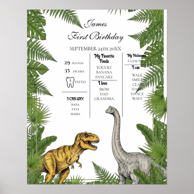 Personalized Dino 1st Birthday Milestone Poster (Devant)