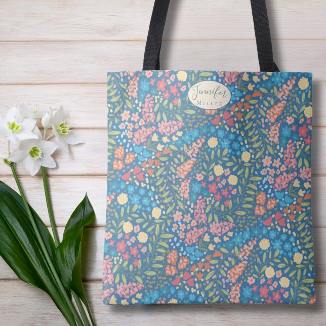 Personalized Floral Tote Bag | Gift for Her  (Personalized Blue Floral Tote Bag)