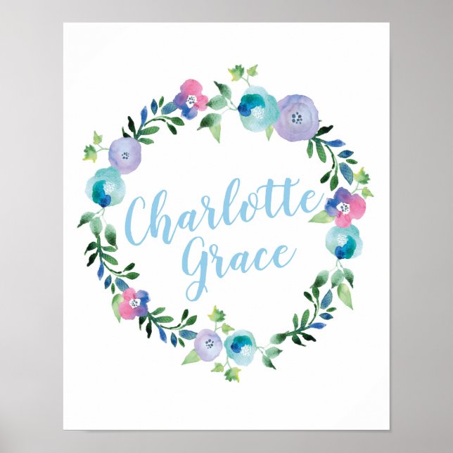 Personalized Floral wreath name poster print (Devant)