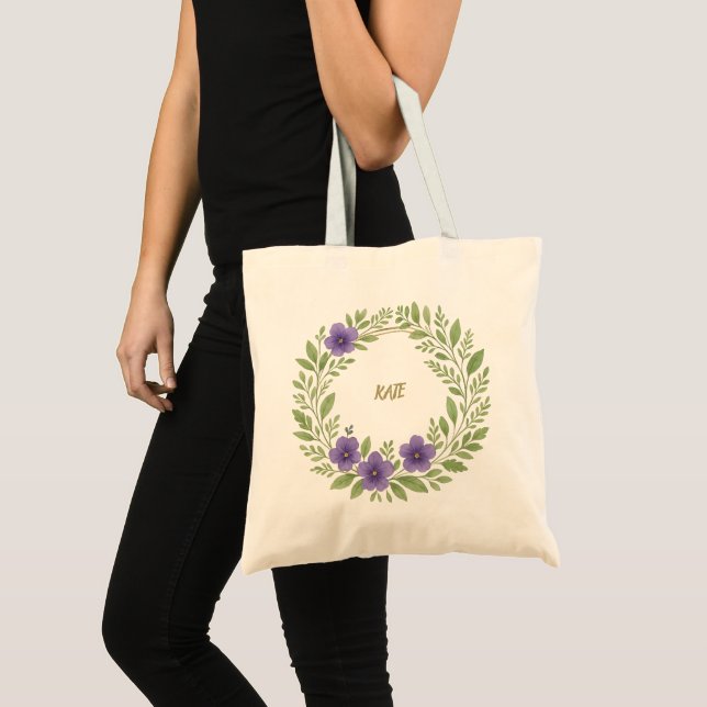 Personalized Floral Wreath Tote Bag – Custom Name  (Devant (produit))