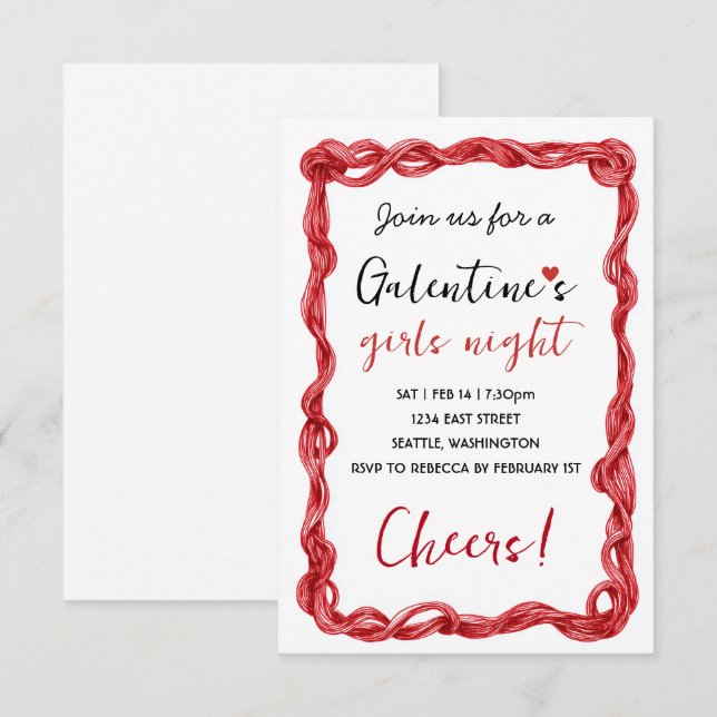 Personalized Galentines Red Party Invitation (Devant / Derrière)