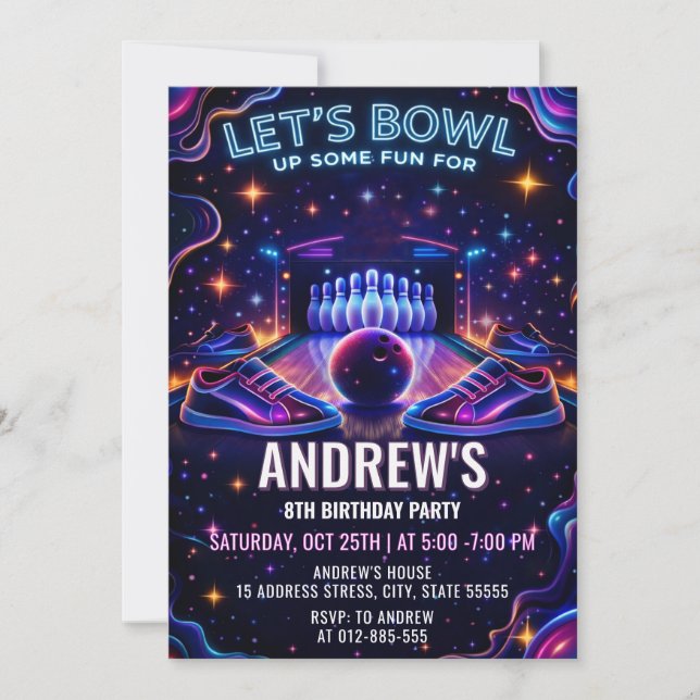 Personalized Glow bowling birthday invitation (Devant)