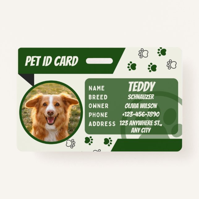 Personalized Green White Dog Card Photo ID Badge (Devant)