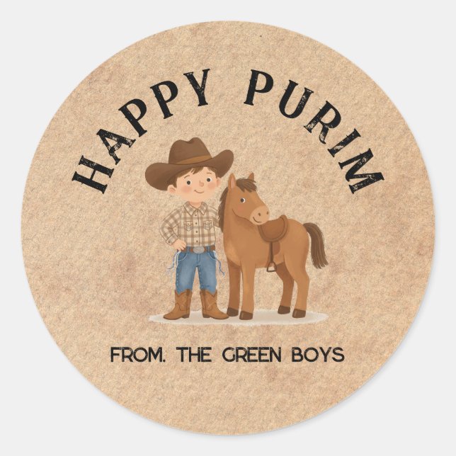Personalized Happy Purim Round Sticker - Cowboy (Devant)