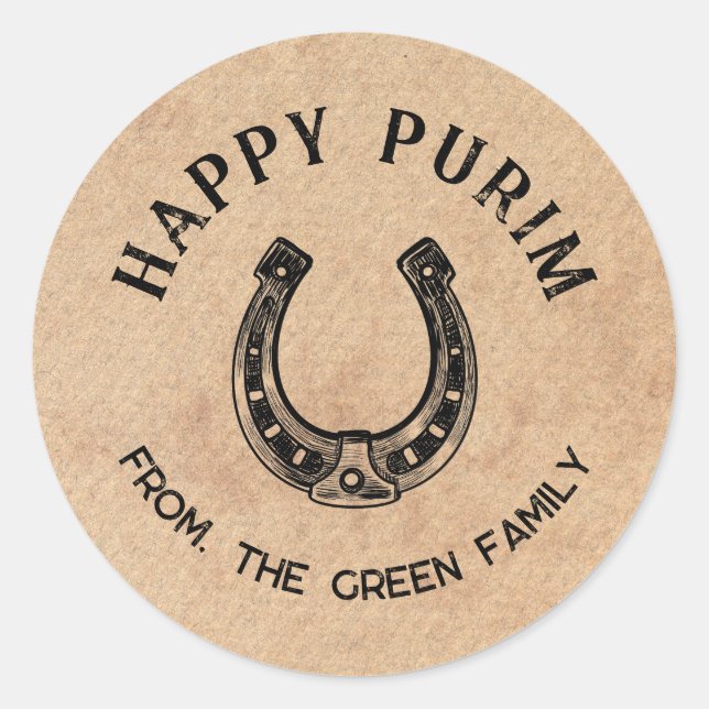 Personalized Happy Purim Round Sticker - Horseshoe (Devant)