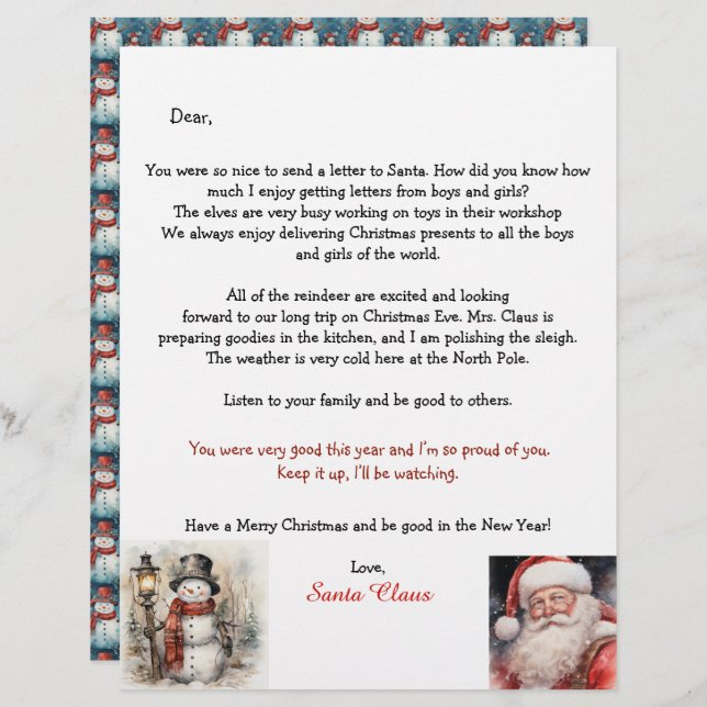 Personalized Letter From Santa Snowman (Devant / Derrière)