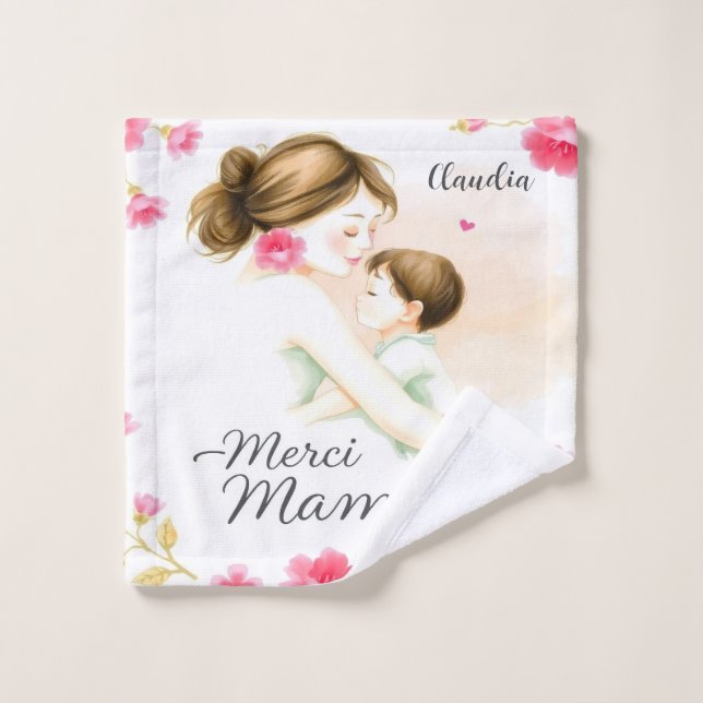 Personalized “Merci Maman” Towel – Soft Gift with  (Gant de toilette)