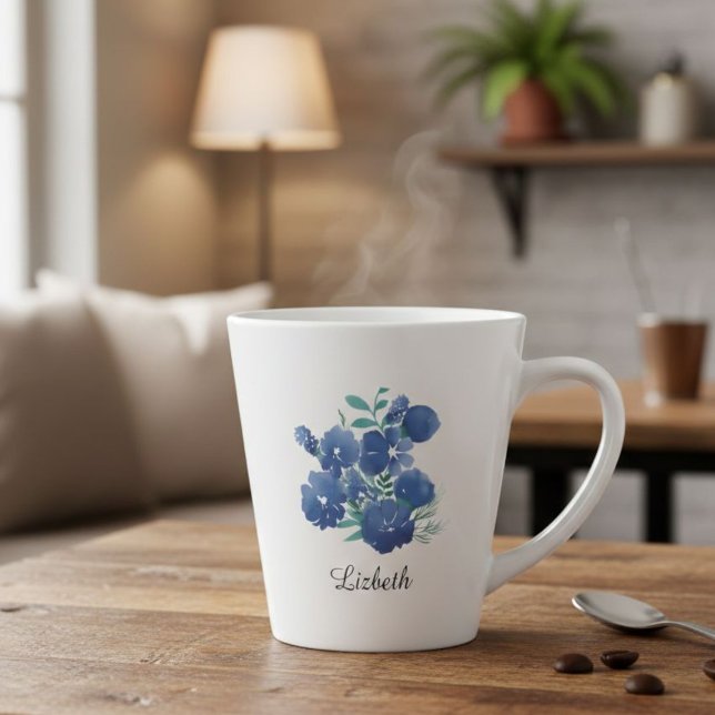 Personalized Midnight Bloom Blue Floral Latte Mug (Créateur téléchargé)