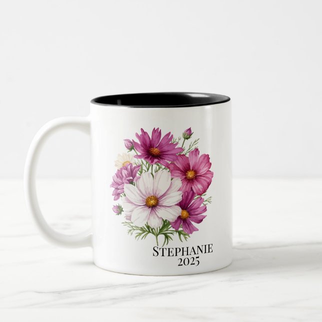 Personalized October Cosmos Birth Flower Mugs (Gauche)