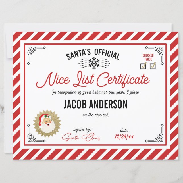 Personalized Official Santa Nice List Certificate (Devant)