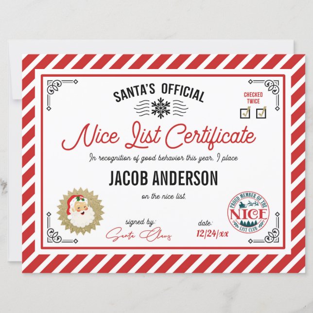 Personalized Official Santa Nice List Certificate (Devant)