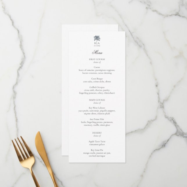 Personalized Palm Tree Beach Elegant Wedding Menu (Devant/Arrière en situation)