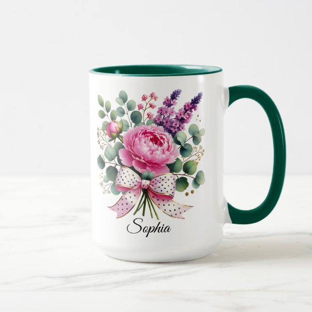Personalized Peony Floral Name Mug Elegant Gift (Droite)