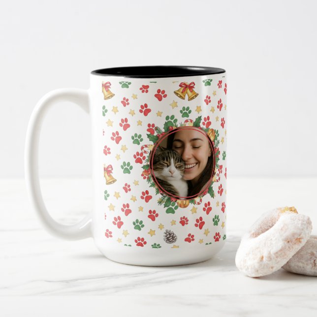 Personalized Pet Photo Christmas Paw Print Mug (Avec donut)