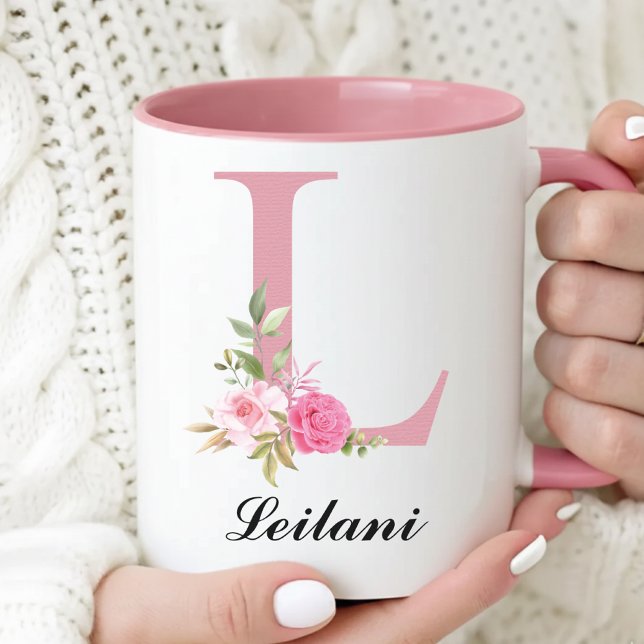 Personalized Pink Roses Monogram Mug Gift for Her (Custom Pink Rose Floral Monogram Mug Gift for Her, Floral Rose Monogram Coffee Mug Mother’s Day Gift)