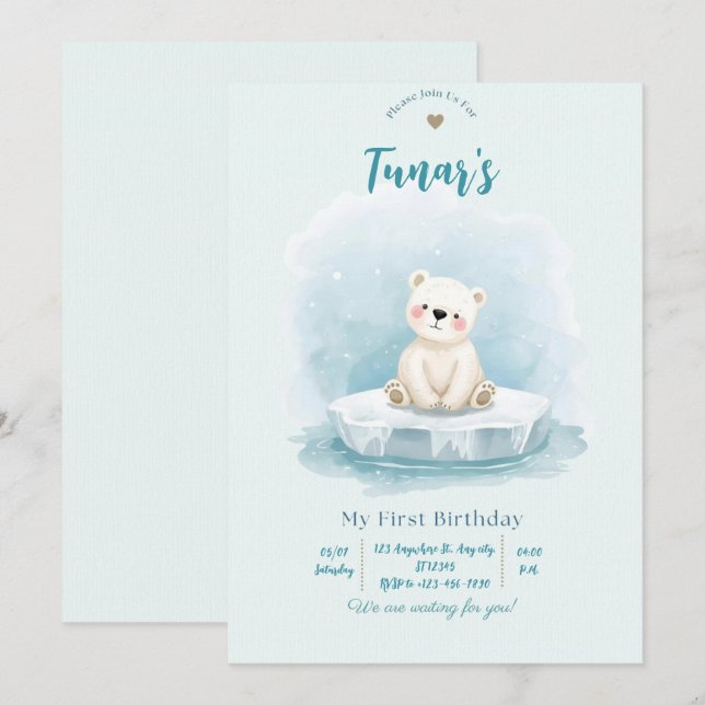 Personalized Polar Bear Birthday Invitation (Devant / Derrière)
