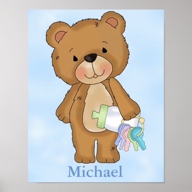 Personalized Poster Baby Boy Teddy Bear Baby Bottl (Devant)
