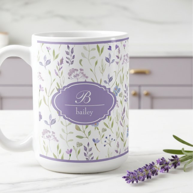 Personalized Purple Wildflower Mug (elegant cottagecore lavender wildflower floral mug with custom monogrammed initial and name)