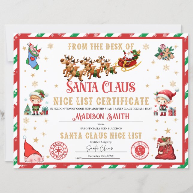 Personalized Santa Official Nice List Certificate (Devant)