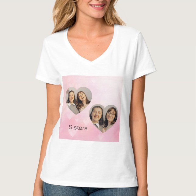 Personalized Sisters Heart-Shaped Photo T-Shirt (Devant)