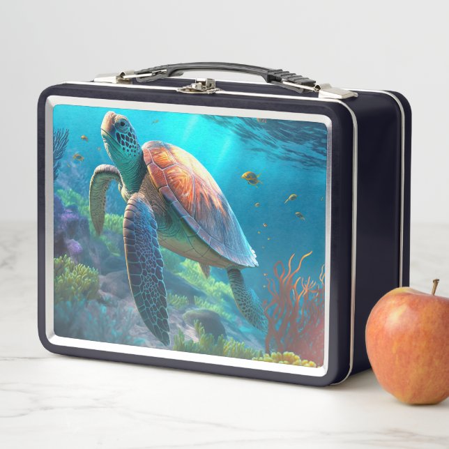 Personalized Turtle Illustration Metal Lunch Box (En situation)