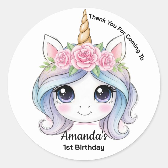Personalized Unicorn Birthday Party Favor Sticker (Devant)