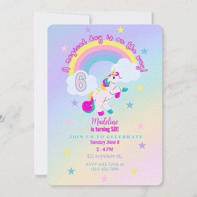 Personnalisable 6e anniversaire Unicorn Invitation (Devant)