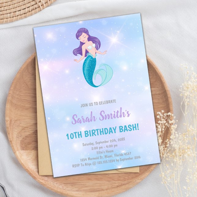 Personnalisable Glittery Ocean Party Invitation (Purple shine Mermaid Birthday Invitations)