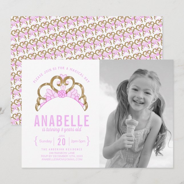 Personnalisable Pink Tiara Photo Invitation Annive (Devant / Derrière)