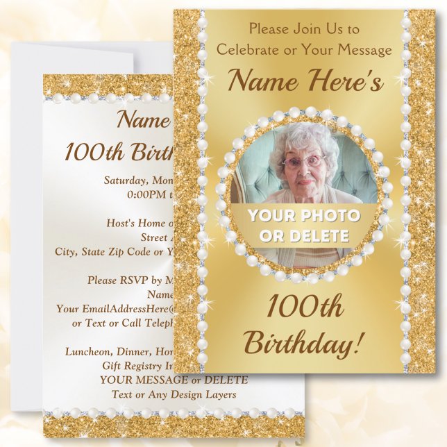 Personnalisé, 100e anniversaire Invitations de fêt (Personalized and Photo, 100th birthday party invitations. 100th birthday ideas for female. Woman.)