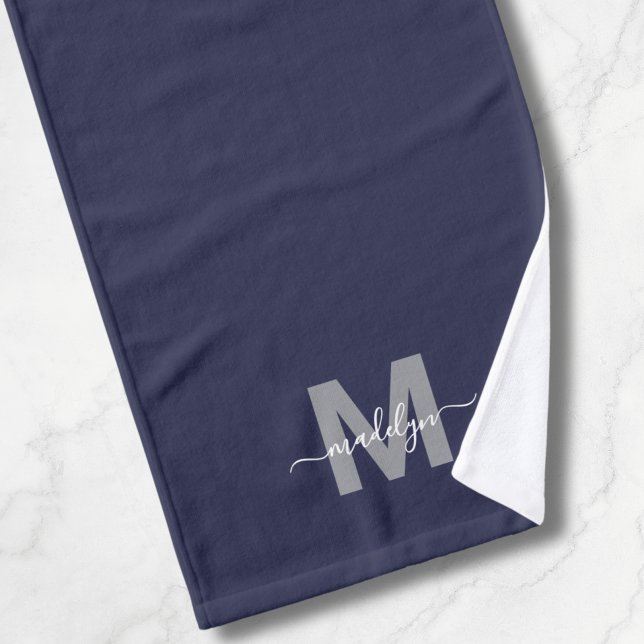 Personnalisé Elegant Marine Nom bleu Monogram (Custom Elegant Navy Blue Name Monogram Hand Towel)