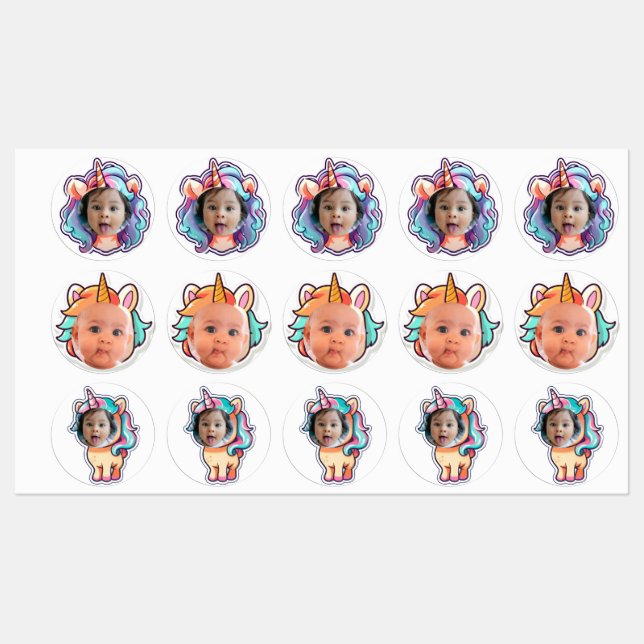 PERSONNALISÉ foto cupcake toppers stickers licorn (Feuille)