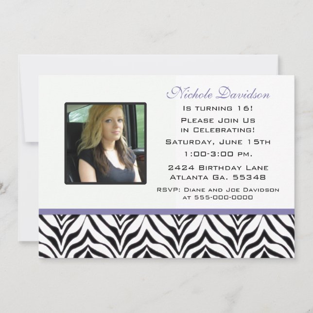 Personnalisé: Invitation de Zebra Sweet 16 Party (Devant)