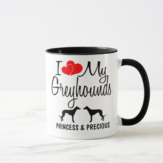 Personnalisé J'Aime Mes Deux Greyhounds Mug (Droite)