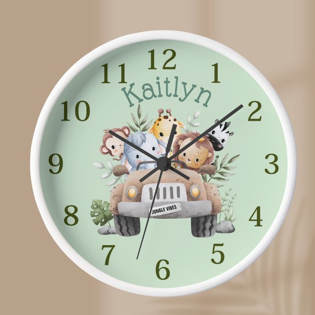 Personnalisé Nom Jungle Safari Animaux Horloge Ron (Créateur téléchargé)