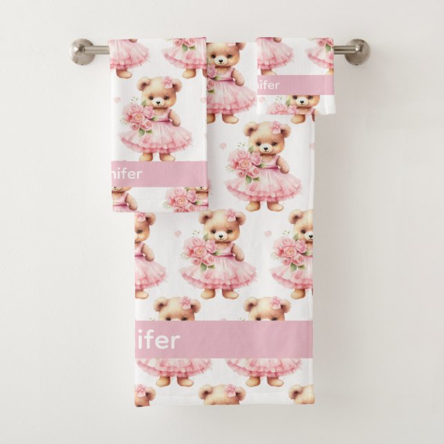 Personnalisé Nom Pink Teddy Bear Jeu de serviettes (En situation)