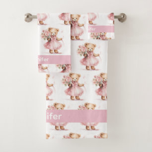 Personnalisé Nom Pink Teddy Bear Jeu de serviettes