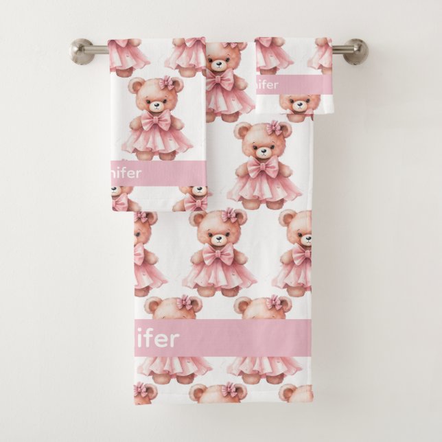 Personnalisé Nom Pink Teddy Bear Jeu de serviettes (En situation)