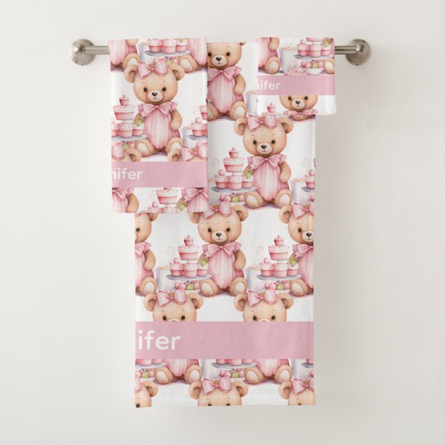 Personnalisé Nom Pink Teddy Bear Jeu de serviettes (En situation)