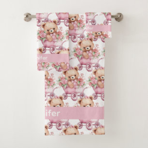 Personnalisé Nom Pink Teddy Bear Jeu de serviettes