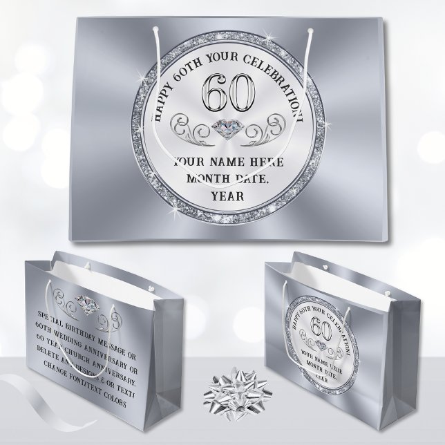 Personnalisé, Sac cadeau de 60e anniversaire, tout (60th Gift Bag Ideas. 60th church anniversary ideas or 60th gift wrap, for any occasion. Gift Bags.)