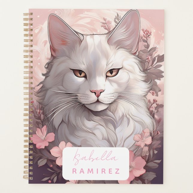 Personnalisé Serene White Cat Planner avec nom (Devant)