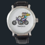 Personnaliser De Montre Couple Biker Avec Les Noms<br><div class="desc">Un design amusant pour n'importe quel couple de motos. Vous pouvez ajouter le nom de chaque couple. Ou tapez-le par le nom de famille comme "The Smiths" ou supprimez le texte dans la zone pour avoir une zone vide afin de taper les numéros 12, 3, 6 et 9. Mais, vous...</div>