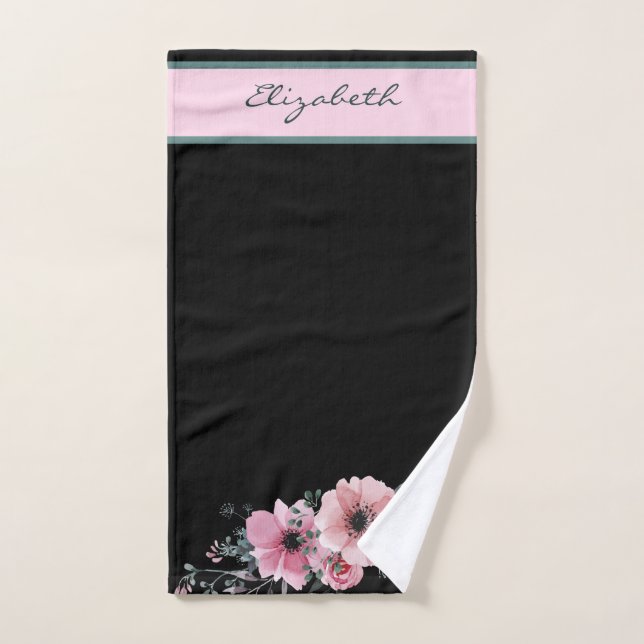 Personnaliser Floral Lower Border Black Arrière -  (Serviette à main)