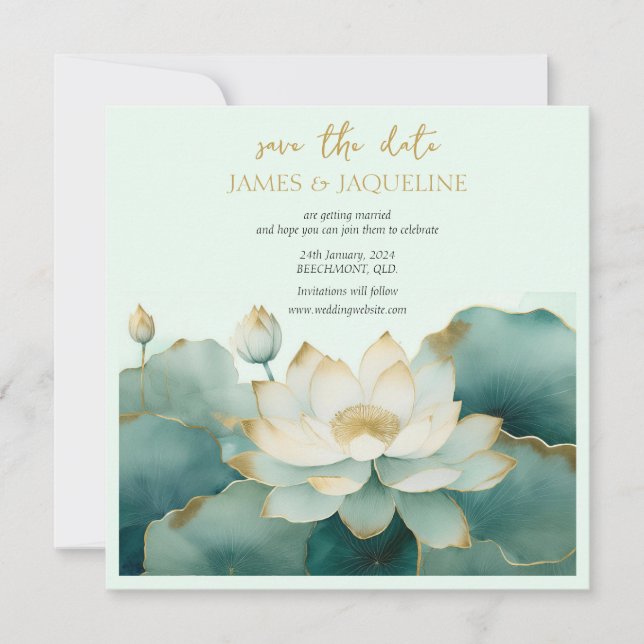 Personnaliser mariage carte date lotus or (Devant)