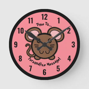 PERSONNALISER Mignonne Brown Horloge ronde Mousie