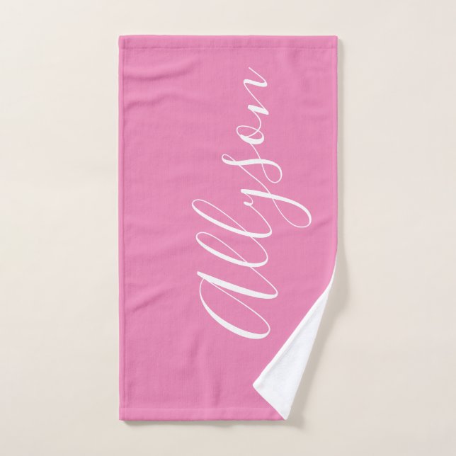 Personnaliser Nom Écriture Blanche Verticale, Rose (Serviette à main)