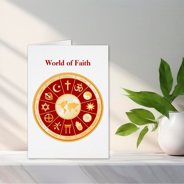 Personnaliser World of Faith Greeting Card (Original design features finely detailed gold icons of world faiths surrounding a world map. )
