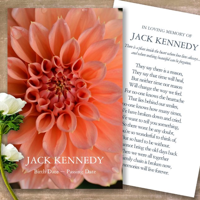 Perte funéraire Dahlia Memorial Prayer Cartes de s (Forever in our hearts, celebration of life, in loving memory of, prayer cards for bereavement)