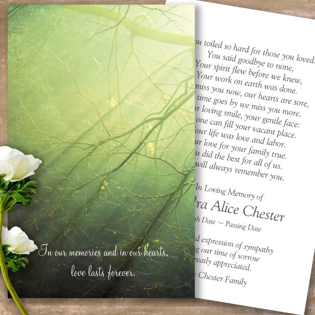 Perte funéraire Peaceful Forest Prayer Cartes de s (Forever in our hearts, celebration of life, in loving memory of, prayer cards for bereavement)